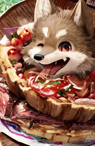 a small wolf beastman smiling with his mouth wide open、manga meat