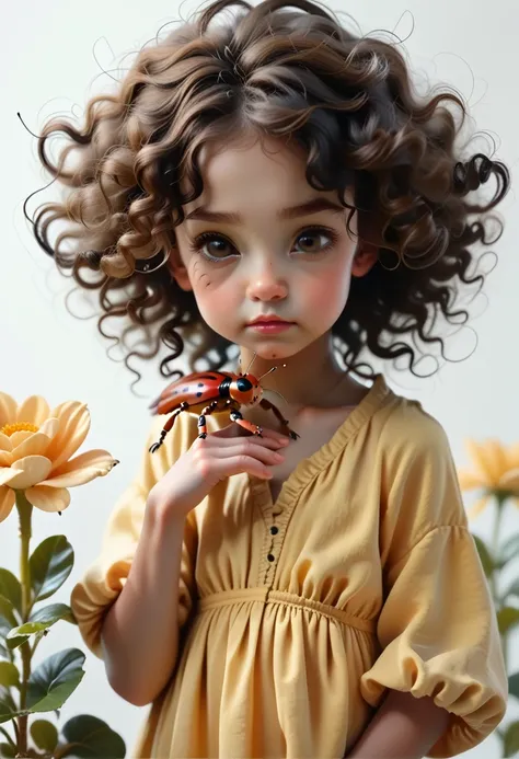 black skin tone of a child, black curly hair, dark brown eyes, yellow dress with flowers, i hold a ladybug in my hand, silver ba...