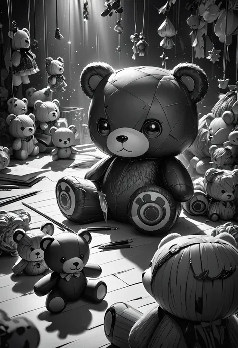 monochrome, pencil sketches, randomly placed bear dolls, delicate and dynamic textures, contrasts of light and shadow, 2.5D, artistic photography, hyper realistic, graphic CG digital art, ultra detailed, absolutely resolution, best quality