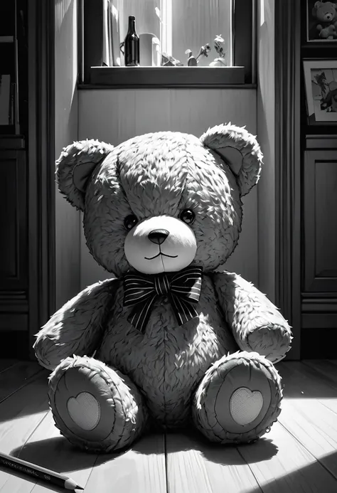 monochrome, pencil sketches, randomly placed teddy bear, delicate and dynamic textures, contrasts of light and shadow, 2.5D, artistic photography, hyper realistic, graphic CG digital art, ultra detailed, absolutely resolution, best quality