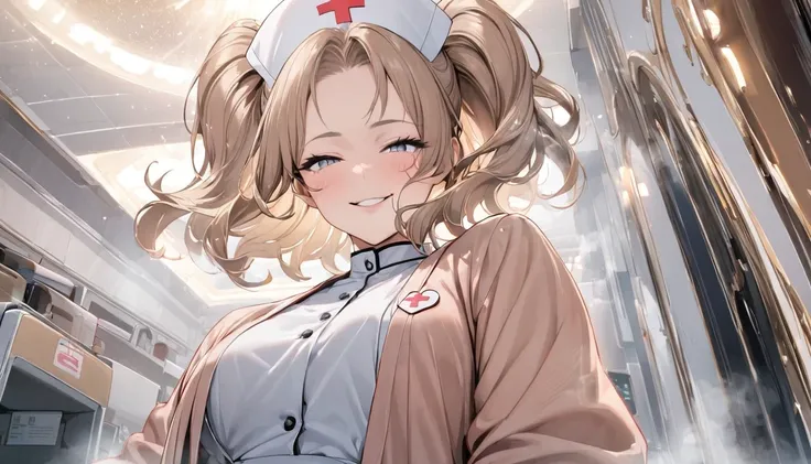 From below, Portraiture, Kind and beautiful nurse, Cool face, A shy smile, Superb proportions, She is wearing a loose cardigan over her nurse uniform., Glitter effect, fog effect、smug face、Cowboy Shot