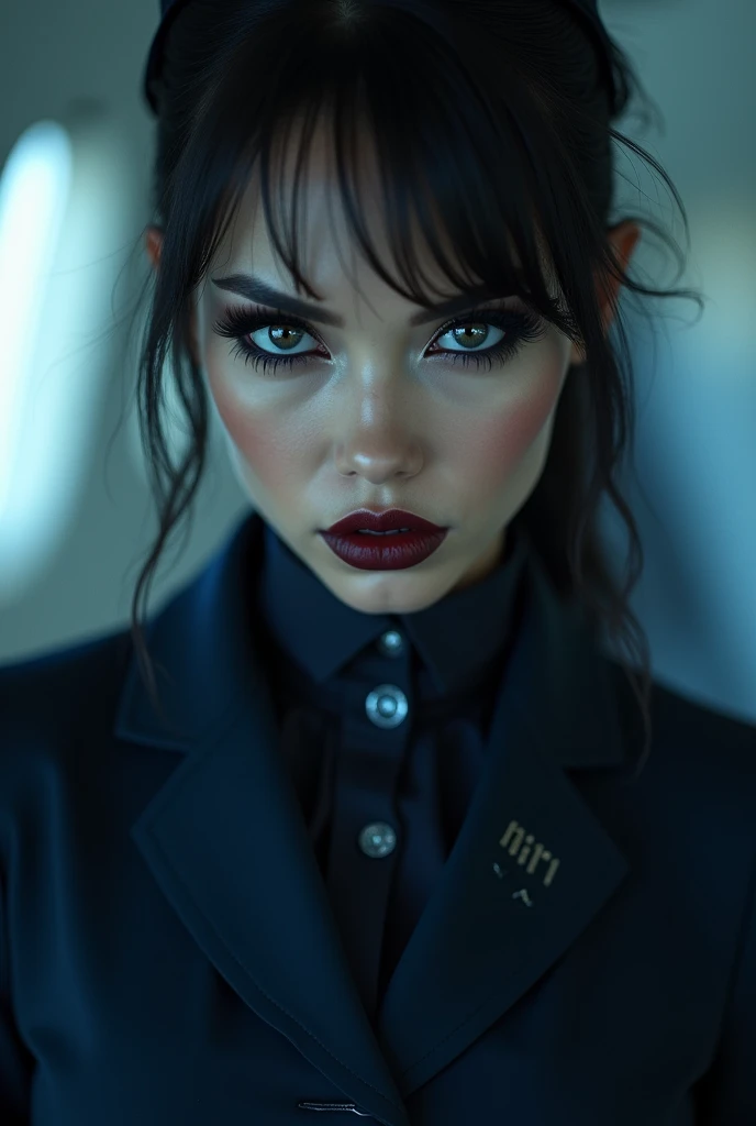 a fierce and assertive emo goth female flight attendant, wearing a dark blue gothic flight attendant uniform, beautiful detailed eyes,beautiful detailed lips,extremely detailed eyes and face,longeyelashes, dramatic gothic makeup, confident and militant exp...