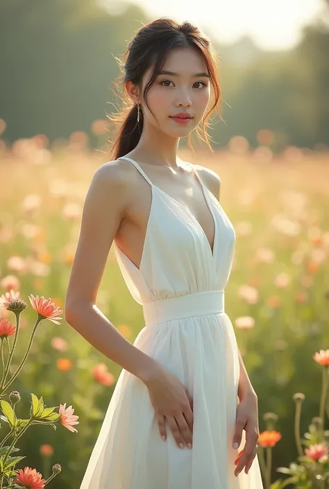 Beautiful Korean girl full body straight looking at camera in clean white dress slim charming trending on artstation standing in flower garden morning sunlight sharp focus studio shot detailed intricate high detail by Greg Rutkowski

