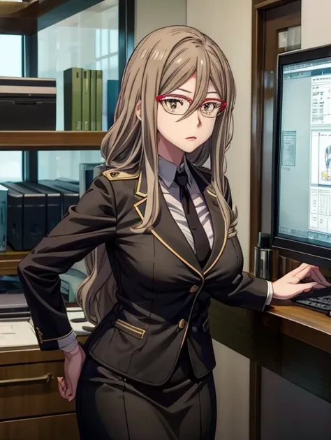 mizuki nakahara from lycoris recoil, wearing a office suit, black colour tight skirt, at an office , wearing spectacles, high qu...