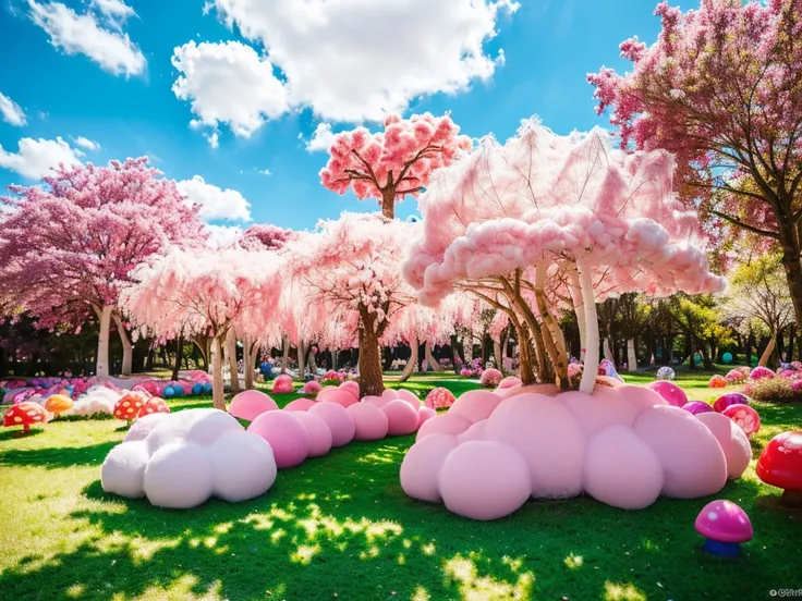 1girl, cute candyland, cotton candy sky, whimsical mushroom forest, colorful candy trees, lollipop plants, marshmallow clouds, bubblegum grass, gummy bear path, chocolate river, (best quality,4k,8k,highres,masterpiece:1.2),ultra-detailed,(realistic,photore...