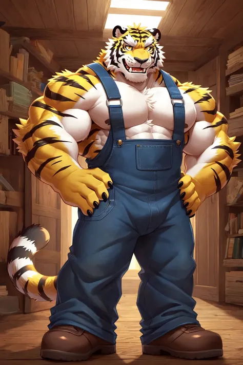 (sfw:1.5), male focus, (a carpenter, hunter:1.4), Handsome 1boy, solitary，protrait photo, Red tongue, (White thick eyebrows:1.4), single, (Black nails, Black claws:1.4), yellow hair, yellow skin, (perfect yellow eyes:1.4), Black tiger stripe, (yellow tail,...