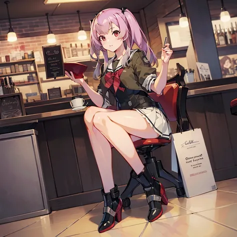 MomoKC, (Momo) uniform,
(masterpiece:1.4),(best quality:1.4), (premium:1.4), (great illustration:1.4), (ultra-detailed:1.4),(art CG, 8K),1girl,solo,KonishiCSA, full body, 
Coffee Shop,