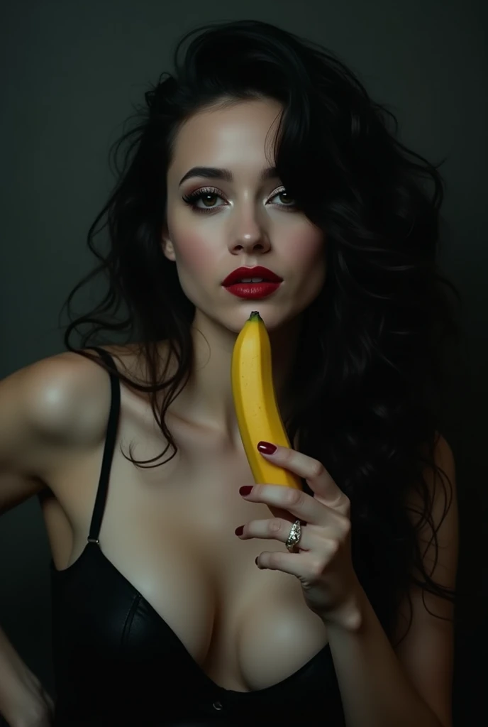 (((Woman Eating banana, ultra realistic, red lipstick, wet lips, huge perky breasts, deep cleavage))) Photo, masterpiece, top quality, pale skin, (Ultra detailed face and eyes:1.2), , beautiful woman, gloomy atmosphere, Dark background, (Eye makeup, mascar...