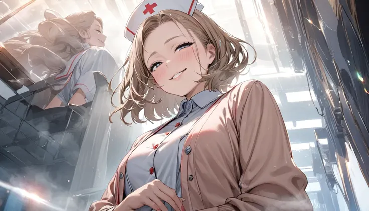 From below, Portraiture, Kind and beautiful nurse, Cool face, A shy smile, Superb proportions, She is wearing a loose cardigan over her nurse uniform., Glitter effect, fog effect、smug face、Cowboy Shot