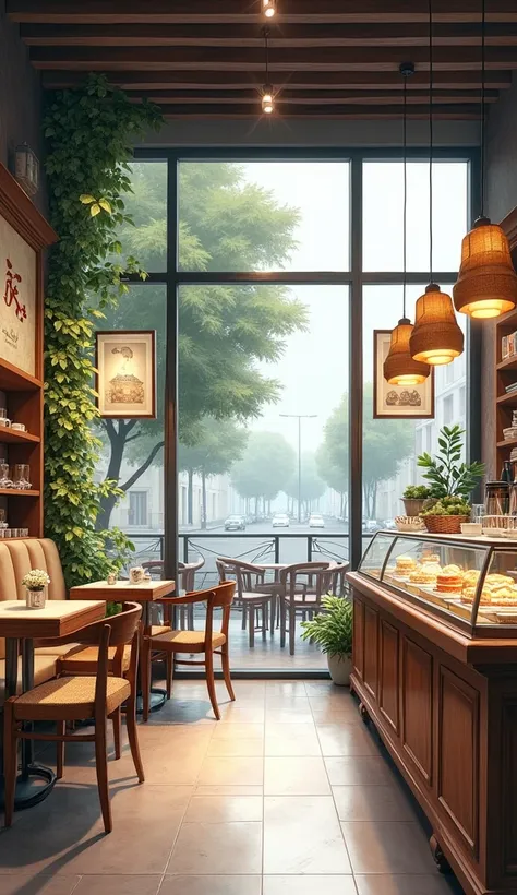 a luxurious and quiet white-toned coffee shop..watercolor painting+alcohol rendering，stroke，a comfortable scene,with a delicate interior design。with elegant wooden furniture、coffee bar and glass display cases for cakes 、planting、hanging picture