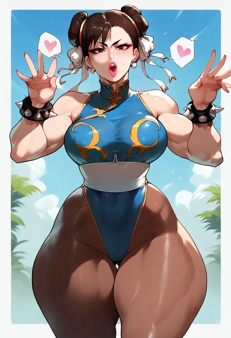 Chun-li desnuda, dynamic pose, blowing kiss, big hips, big ass, big thighs, toned thighs, big breasts 