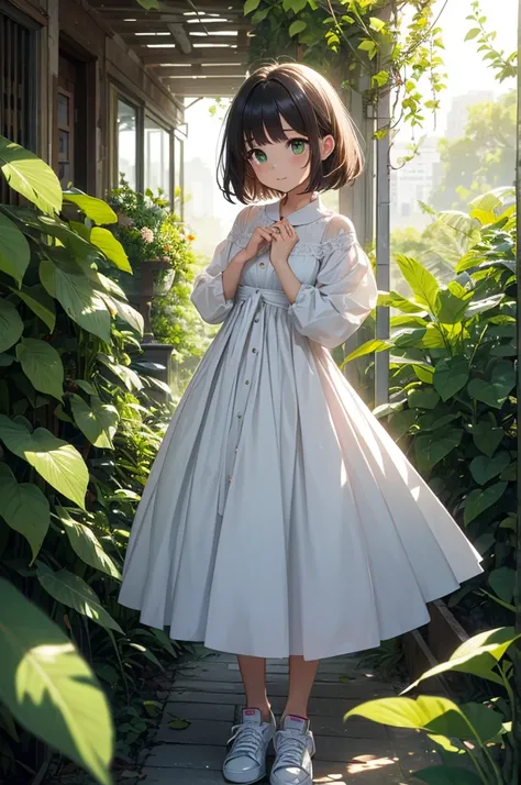 (masterpiece、Highest quality、Highest quality、Beautiful and beautiful:1.2)、（pastel:1.2）、High angle、Standing posture、Bobcut、Has bangs、Beautiful round green eyes、Soft light in the morning、 Cover face with hands、Pure、charm、White Casket、White long dress、Sneaker...