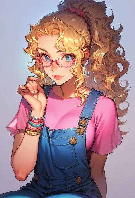 score_9, score_8_up, score_7_up, score_6_up, score_5_up, score_4_up, highly detailed, masterpiece, cinematic lighting, high quality artwork, beautiful, detailed clothes, detailed hair, detailed eyes, detailed skin. 1girl, sitting, blue overalls, pink wavy ...