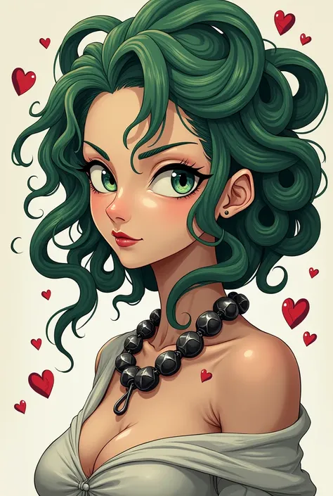 Bust of a Greek Medusa in anime style, with studded chains, around her floating some small hearts and some broken ones. 