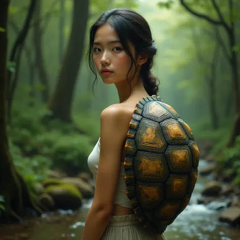 Woman with a realistic turtle shell on her back。