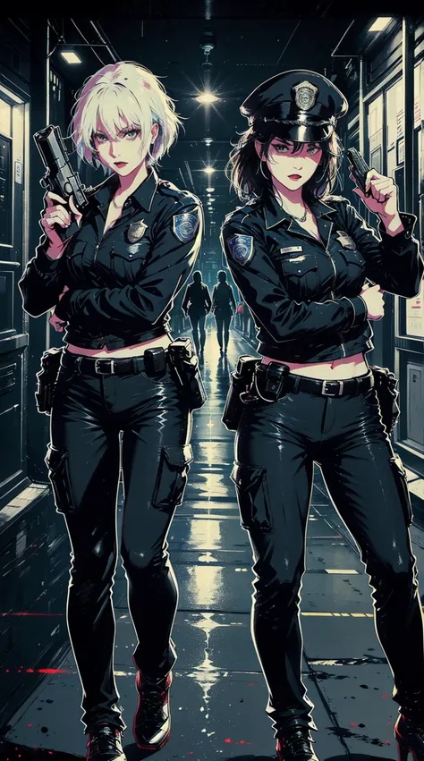 ,two female police officers pointing guns at each other,