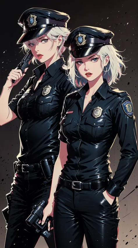 ,two female police officers pointing guns at each other,