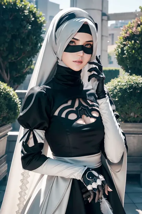 2b nier automata, silver hijab, long sleeve, juliet sleeve, white gloves, turtleneck, feather ornament, feather ornament sleeves...