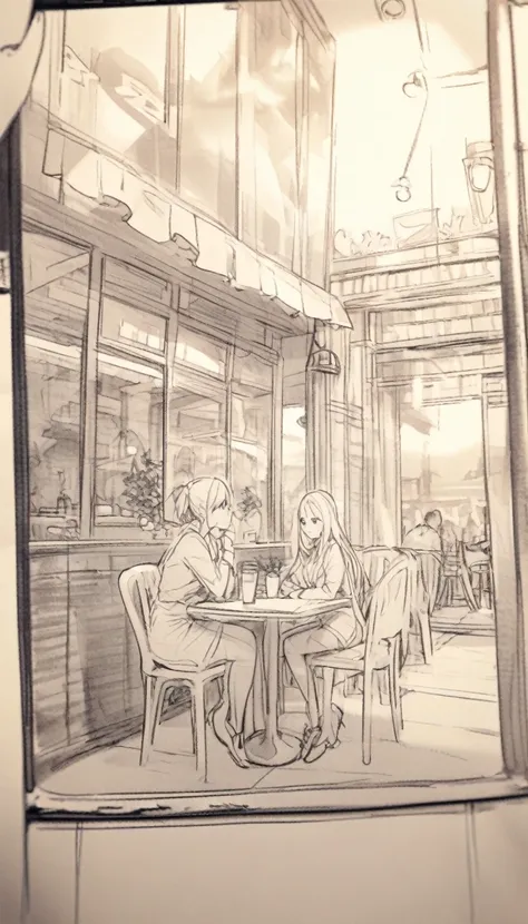 monochrome, pencil sketches, cafe scenery