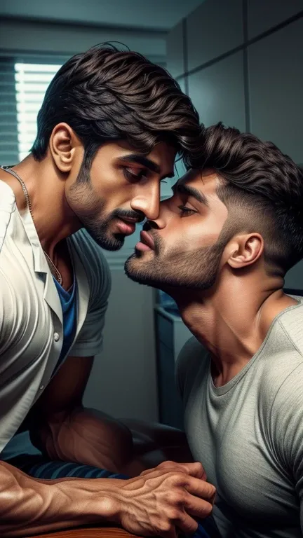 Indian Gay couple mouth to mouth lip locking kissing, 30 years old doctor mouth to mouth lip locking kissing with 50 years old man in his clinic during check up, realistic photography, detailed style, functional and elegant look, in style of realistic, cri...