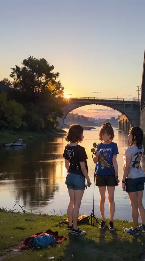 scenery, (3girls:1.5), chibi, (silhouette:1.2), (sunset:1.2), outdoors, (grass:1.2), (riverbank), (under bridge:1.2), (playing instrument:1.2), (junk), (doweled T-shirt:1.5), (short pants:1.5), (guitar:1.2), (drum set:1.2), (drumsticks), (keyboard (instrum...