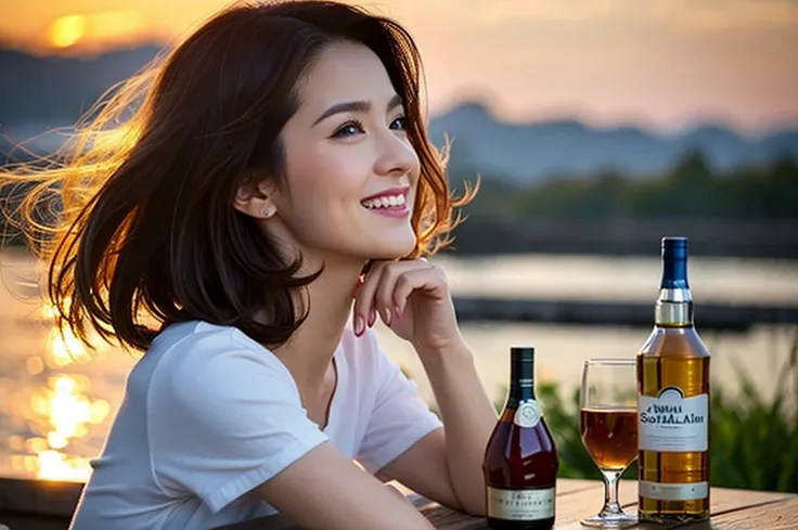 8k,Scottish landscape、Islay scenery、Highland scenery、Amazing view of the sunset sky and clouds、Brown short hair,The best smile、Happy Smile、Japanese actress,Super Beauty(Like the real thing),Short sleeve dress,Whiskey bottles、The Macallan、Johnnie Walker、、Ol...