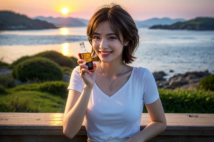 8k,Scottish landscape、Islay scenery、Highland scenery、Amazing view of the sunset sky and clouds、Brown short hair,The best smile、Happy Smile、Japanese actress,Super Beauty(Like the real thing),Short sleeve dress,Whiskey bottles、The Macallan、Johnnie Walker、、Ol...