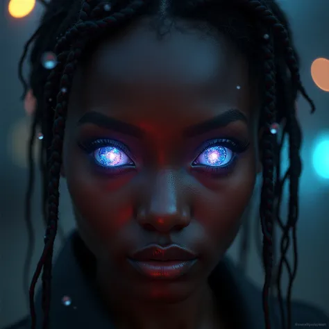 a womans eyes reflecting a colorful galaxy, dark skin, backlighting, looking at viewer, shot from above, raining, streetlights illuminate her face, eye focus,
