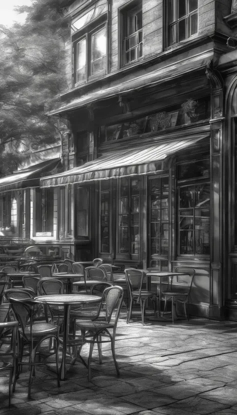 monochrome, pencil sketches, cafe scenery, old master, delicate and dynamic textures, contrasts of light and shadow, 2.5D, artistic photography, hyper realistic, graphic CG digital art, ultra detailed, absolutely resolution, best quality