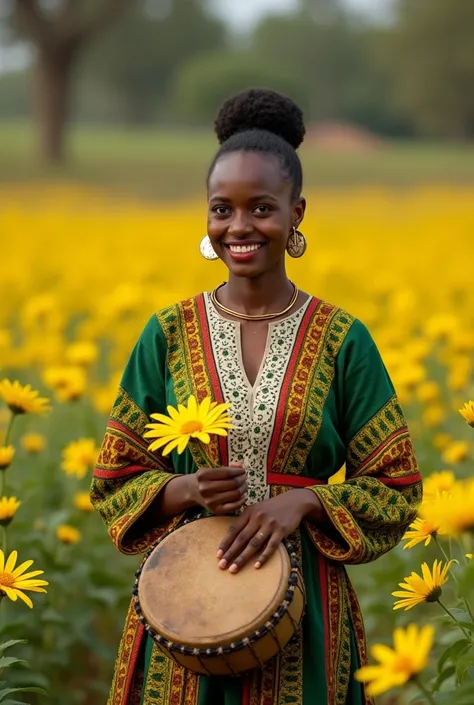 Ethiopian mother wearing a beautifully made Ethiopian flag green yellow and then red traditional clothing with white cotton on the middle walking into a field of yellow flowers called addy Abebe holding the yellow flower with her hands holding a big Ethiop...