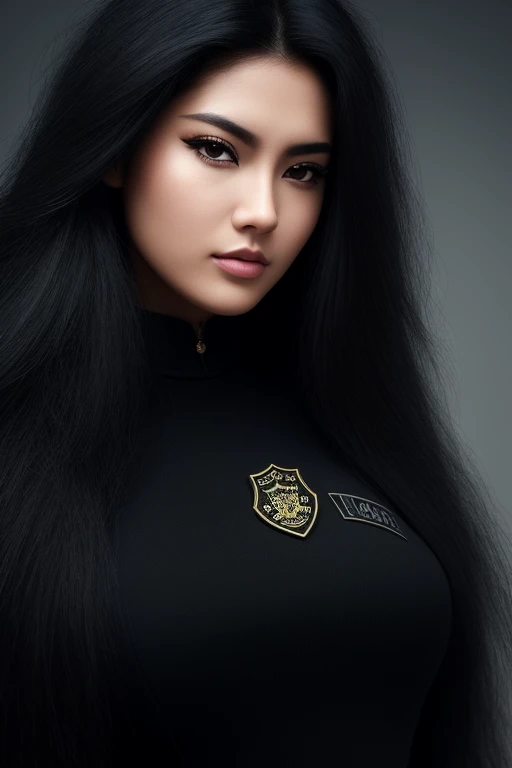 jet black hair,midium long hair,most very lion hair,most very wolf hair,most very frizzy hair,coarse hair,spread hairstyle,thick hair,fluffy hair,most very heavy weight hair,most very voluminous hair,shiny jet black hair,female jail officer,black uniform,a...