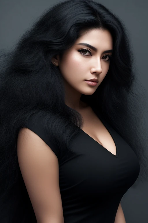 jet black hair,midium long hair,most very lion hair,most very wolf hair,most very frizzy hair,coarse hair,spread hairstyle,thick hair,fluffy hair,most very heavy weight hair,most very voluminous hair,shiny jet black hair,female jail officer,black uniform,a...