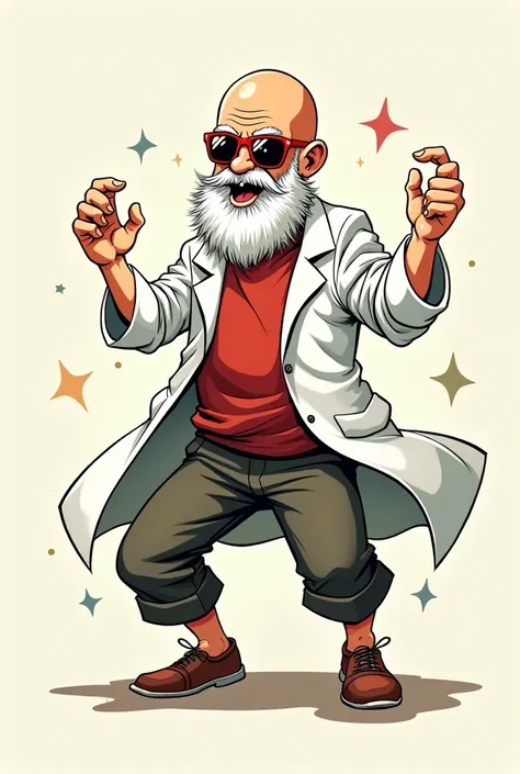 A comical, Akira Toriyama-style cartoon of Muten Roshi dancing in a disco setting, wearing a white lab coat, bald head, thick white beard, and red sunglasses. He displays an exaggerated expression of joy and rhythm as he dances, with a humorous, caricature...