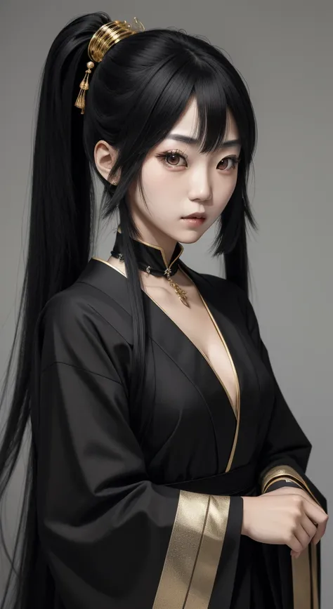 a japanese woman, (college age), long straight twin tail, black hair, (gold color eyes), from front, looking at viewer, black gothic dress, serene, Realism, UHD, masterpiece, accurate, textured skin, anatomically correct, super detail, high quality, highre...