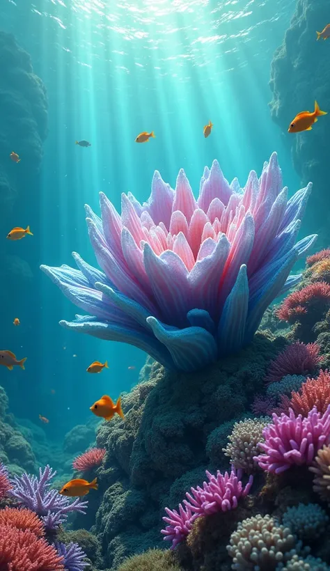 Mermaid’s Coral Flower
Photography Style: Underwater, vibrant with high contrast
Lighting: Soft, blue-green tones with dappled sunlight
Background: A vibrant coral reef, where a large flower resembling coral blooms. The petals are wavy and textured, with s...