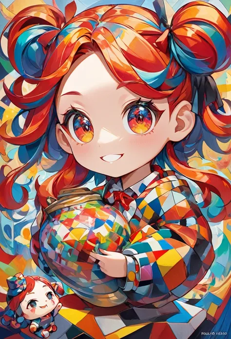 A person who draws with Cubism(Super Chibi Style Girl:1.5)Oil Painting、Pablo Picasso、The girl has red hair and red pigtails.、Spreading cheerful smiles、The entire painting is expressed in abstract cubism..、Bold and dynamic composition、Psychedelic colors、Vib...