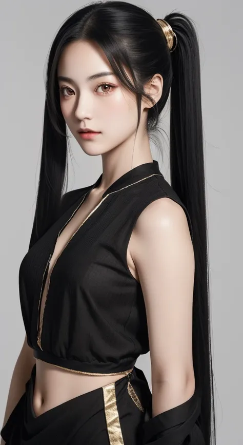 a japanese woman, (college age), long straight twin tail, black hair, (gold color eyes), black gothic dress, serene, Realism, UHD, masterpiece, accurate, textured skin, anatomically correct, super detail, high quality, highres, best quality, 16k,