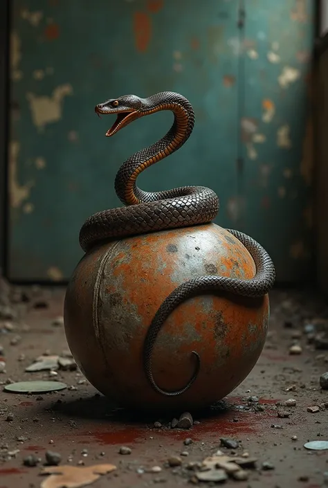 snake on a danceball, industrial decadent environment, front view, dirty, rotten picture