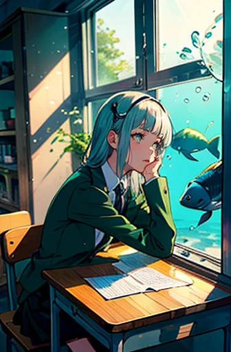 alone, female, student, junior high school student, white hair, gray eyes, slanted eyes, blunt bangs, chin resting, in class, hime cut, shoulder-length hair, dark green blazer, dark green skirt, dark green tie, underwater, water, fish hair accessory, myste...