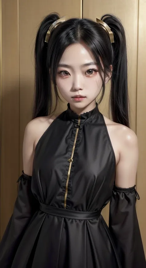 a japanese woman, (college age), long straight twin tail, black hair, (gold color eyes), black gothic dress, serene, Realism, UHD, masterpiece, accurate, textured skin, anatomically correct, super detail, high quality, highres, best quality, 16k,