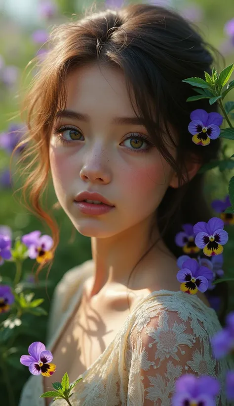 A beautiful girl playing in a garden with blooming violets, highly detailed, extremely detailed eyes and face, long eyelashes, intricate floral dress, serene expression, warm natural lighting, vibrant colors, lush greenery, photorealistic, digital art, con...