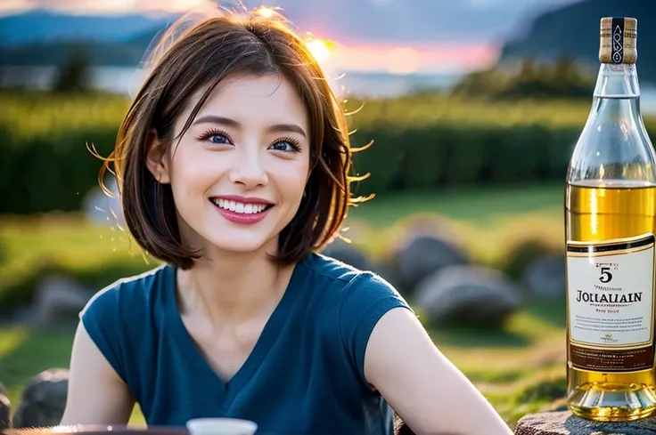 8k,Scottish landscape、Islay scenery、Highland scenery、Amazing view of the sunset sky and clouds、Brown short hair,The best smile、Happy Smile、Japanese actress,Super Beauty(Like the real thing),Short sleeve dress,Whiskey bottles、The Macallan、Johnnie Walker、、Ol...