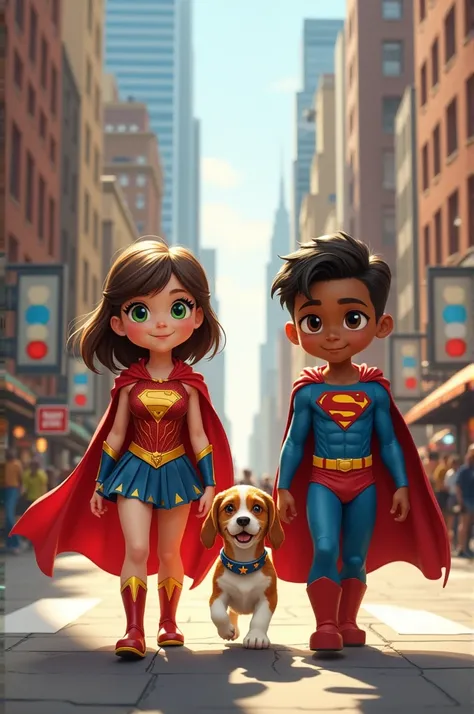 A girl with short straight brown hair and honey green eyes dressed as a superwoman. Next to him, a short-haired, dark-skinned boy with green eyes dressed as Superman, the two of them walking down a street in New York, and in the middle of them, a beagle wi...