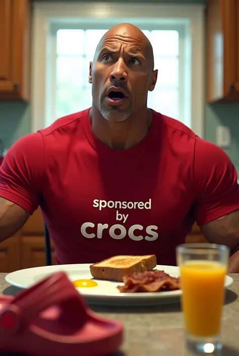 Create a hyper-realistic image of Dwayne The Rock Johnson sitting at a breakfast table. He has a perplexed and exaggerated expression on his face. He is wearing a red t-shirt with the words SPONSORED BY CROCS printed on it. In front of him is a plate with ...