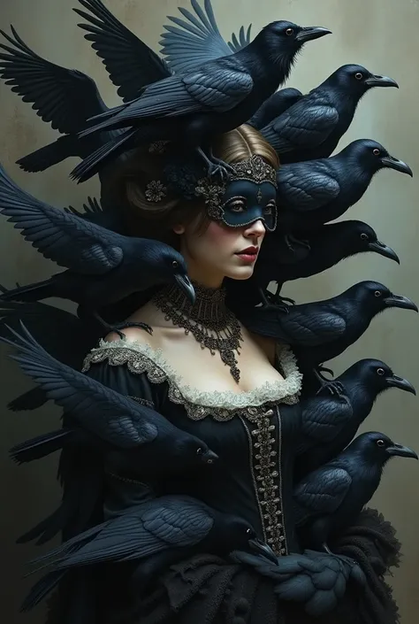 Beautiful three-quarter face in small baroque clothing completely covered by crows 