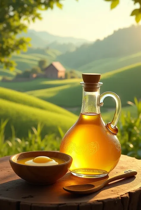 Ghee bottle with spoon with farmers 
