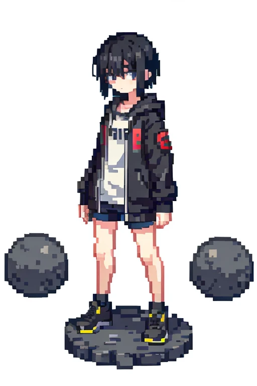 A teenager with short black hair、Height: Medium build。The clothes you are wearing are、Simple survival gear adapted to a devastated world。Standing boyish girl in grey hoodie。Background is transparent。This is an image used in the game。Please make the initial...