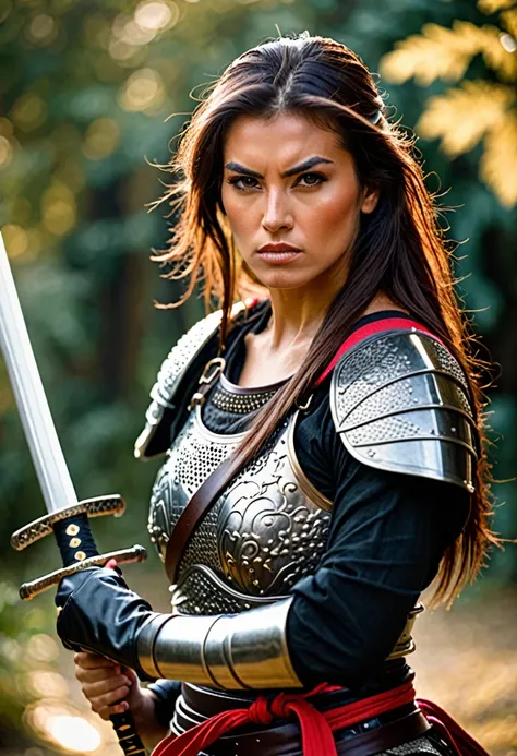 European warrior woman with a katana, beautiful and fierce, with a detailed focus on her face and armor