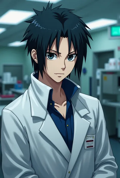 a detailed portrait of sasuke uchiha from the naruto anime series, wearing a white doctors robe, handsome face, intense dark eyes, raven black hair, serious expression, standing in a hospital setting, medical equipment, realistic, photorealistic, ultra-det...