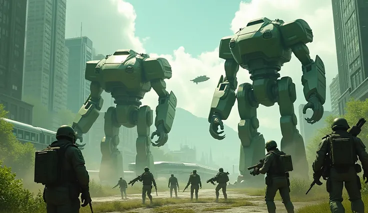  masterpiece, 16k, UHD resolution, Detailed representation, photorealistic, very realistic. Battle scene between civil defense forces and giant robots in a futuristic city. The city is green, with lush vegetation and modern buildings. Small flying machines...